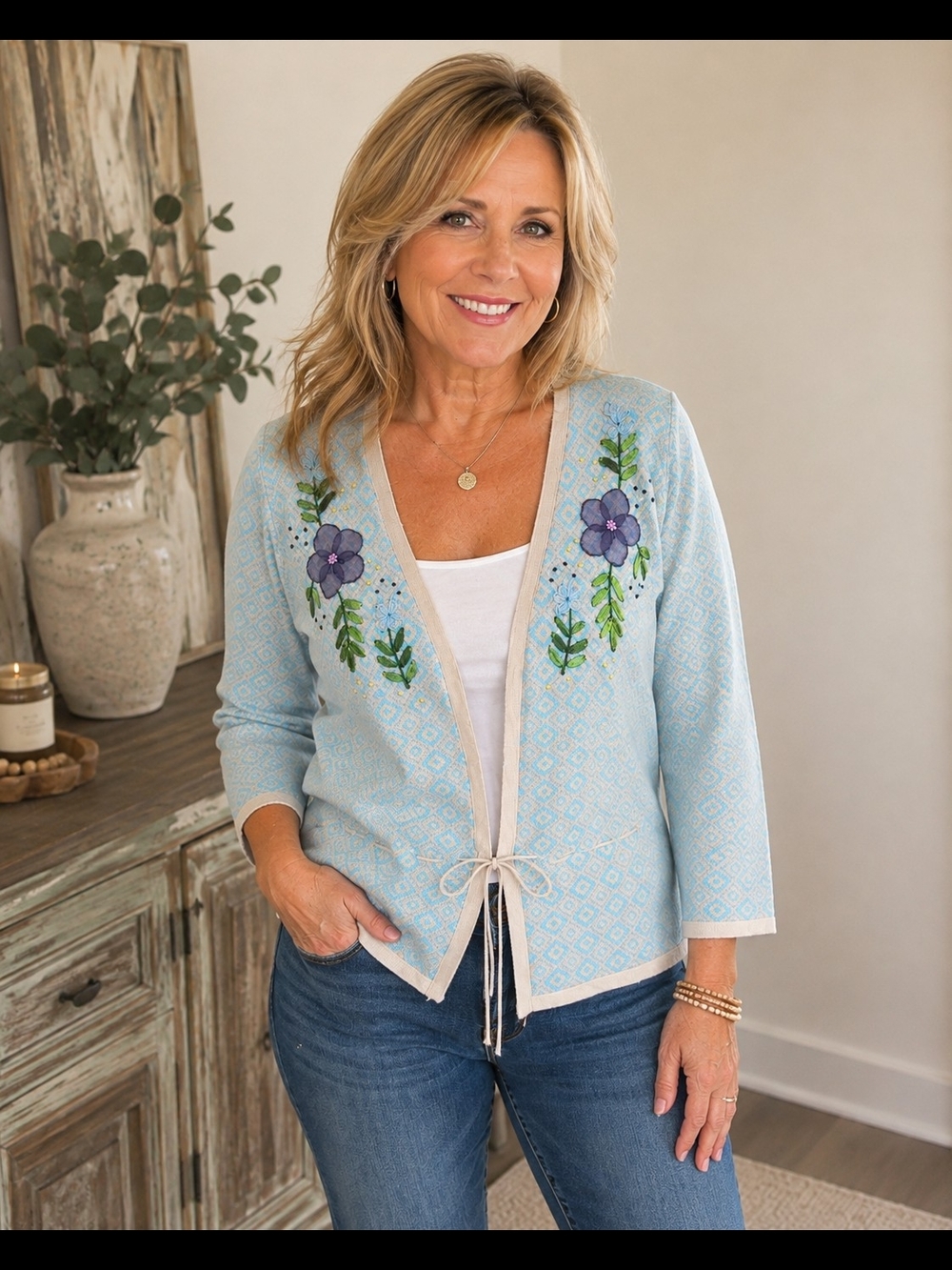 Halogen Small Floral Embroidered Cardigan Wool Angora Cashmere Blue Tie Front